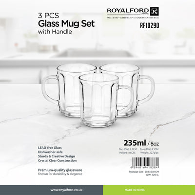 Royalford RF10290 3PCS Glass Mug Set | durable tea & coffee cups with ergonomic handles| transparent glass design, for hot and cold beverages, home, office use|