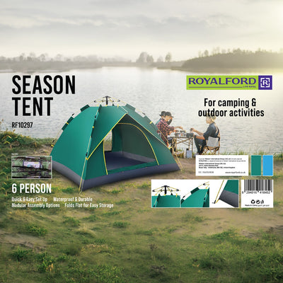 Royalford RF10297 6 Person Season Tent | Waterproof & Durable Camping Tent | Quick Easy Setup| Spacious Portable Outdoor Shelter for Family Camping, Travel, Hiking Etc