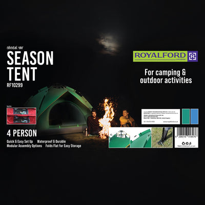 Royalford RF10299 4 Person Season Tent | Waterproof & Durable Camping Tent with Quick Easy Setup | Portable Outdoor Shelter for Camping, Travel, Hiking & Adventure