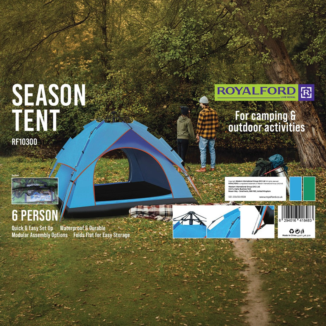 Royalford RF10300 6 Person Season Tent | Waterproof & Durable Camping Tent | Quick Easy Setup| Spacious Portable Outdoor Shelter for  Camping, Travel, Hiking & Adventure