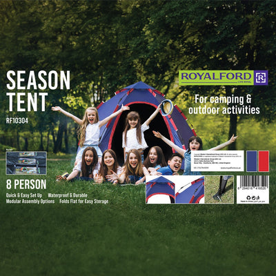 Royalford RF10304 Season Tent | 8 Person Waterproof Camping Tent  | Quick Easy Setup | Durable Outdoor Shelter  | Folds Flat For Easy Storage | Spacious Design