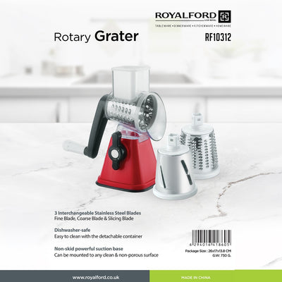 Royalford  RF10312 Rotary Grater | 3-in-1 Stainless Steel Blades – Fine, Coarse & Slicing | Powerful Suction Base | Detachable Container |  Easy & Safe Food Prep