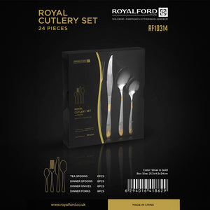 Royalford RF10314 Royal Cutlery Set 24 Pieces | Stainless Steel Silver & Gold Flatware Set | Durable stainless steel construction | Rust and corrosion-resistant