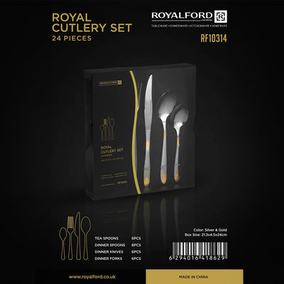 Royalford RF10314 Royal Cutlery Set 24 Pieces | Stainless Steel Silver & Gold Flatware Set | Durable stainless steel construction | Rust and corrosion-resistant
