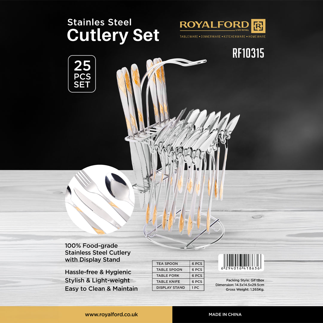 Royalford RF10315 25 Pieces Stainless Steel Cutlery Set with Display Stand | Food-Grade Flatware Set |100% food-grade stainless steel | Mirror-polished surface | Durable
