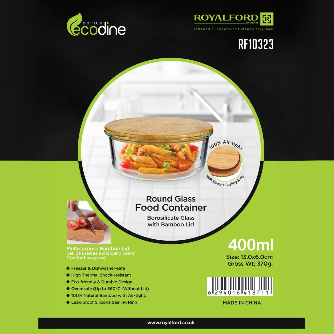 Royalford RF10323 400ml Round Glass Food Container | Bamboo Lid | Borosilicate Airtight Leakproof Food Storage Box | Eco Friendly Kitchen Meal Prep Container| Easy To Use