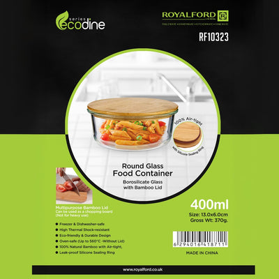 Royalford RF10323 400ml Round Glass Food Container | Bamboo Lid | Borosilicate Airtight Leakproof Food Storage Box | Eco Friendly Kitchen Meal Prep Container| Easy To Use