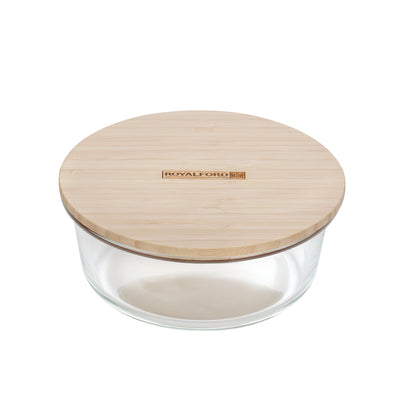 Royalford RF10323 400ml Round Glass Food Container | Bamboo Lid | Borosilicate Airtight Leakproof Food Storage Box | Eco Friendly Kitchen Meal Prep Container| Easy To Use
