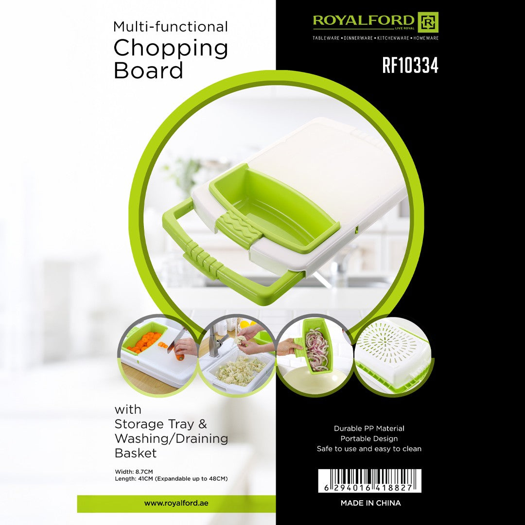 Royalford RF10334 Multi-Functional Chopping Board with Storage Tray | 4-in-1 Multifunctional Design | Built-In Storage Tray | Portable & Space-Saving |Durable PP Material