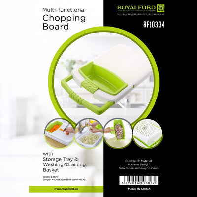 Royalford RF10334 Multi-Functional Chopping Board with Storage Tray | 4-in-1 Multifunctional Design | Built-In Storage Tray | Portable & Space-Saving |Durable PP Material