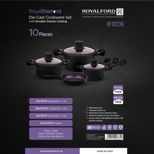 Royalford RoyalDiamond RF10336 Die-Cast Cookware Set 10 Pcs | Durable Granite Coated | Non-Stick Induction Compatible Cookware | Tempered Glass Lids & Nylon Utensils