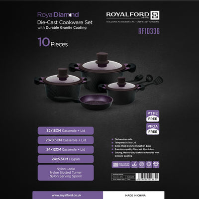 Royalford RoyalDiamond RF10336 Die-Cast Cookware Set 10 Pcs | Durable Granite Coated | Non-Stick Induction Compatible Cookware | Tempered Glass Lids & Nylon Utensils