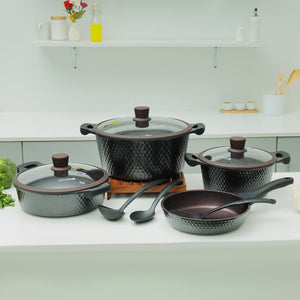 Die-Cast Cookware Set with Durable Granite Coating, RF10336 | 10 Pcs Cookware | Tempered Glass Lid | Heavy-Duty Bakelite Handles | Compatible with Multiple Hob