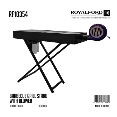 Royalford RF10354 Barbecue Grill Stand with Blower | Durable Iron Charcoal BBQ Stand 30 x 80 cm | Foldable Outdoor Barbecue Grill for Backyard Camping Picnics Use