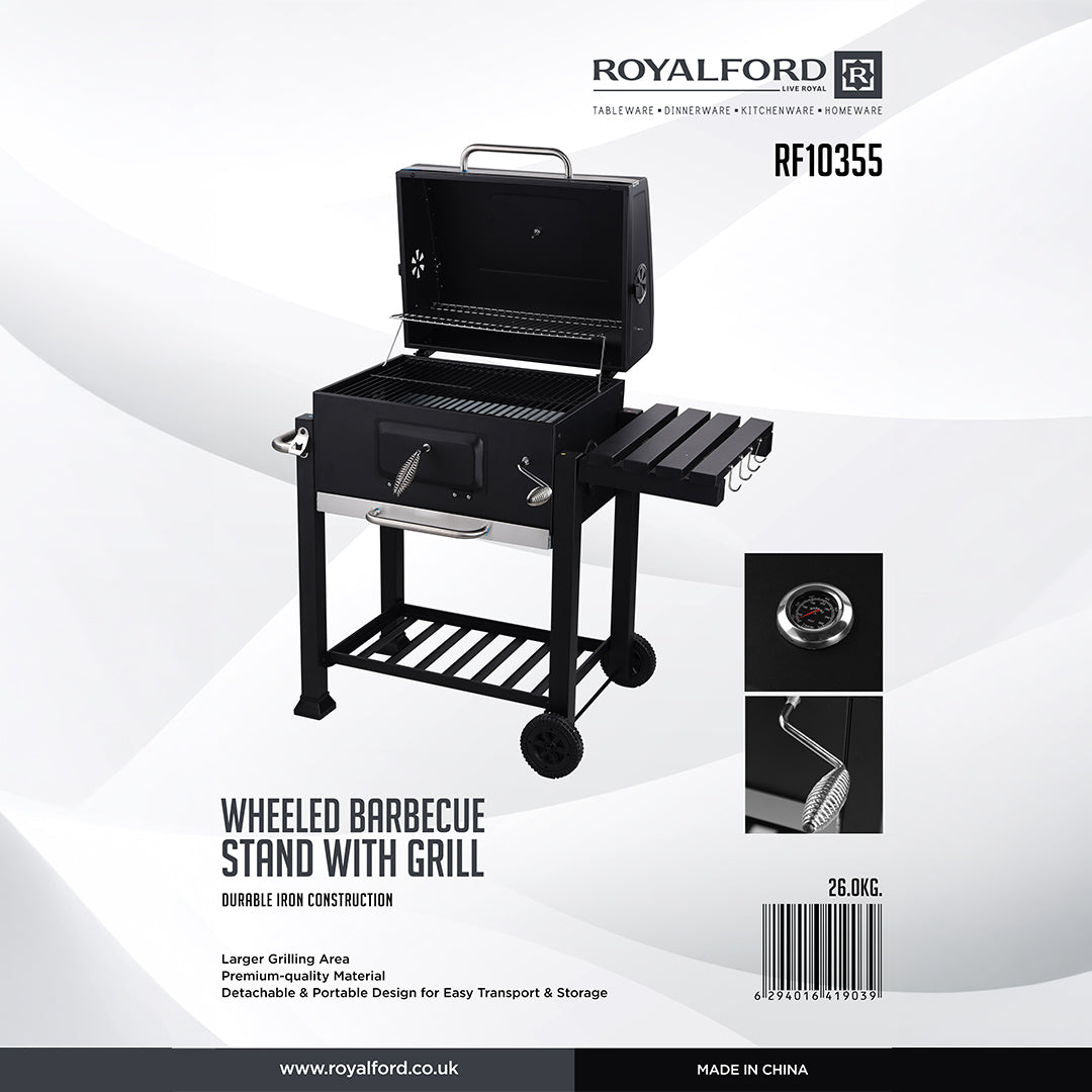 Royalford RF10355 Wheeled Barbecue Stand with Grill | Heavy-Duty Iron Charcoal BBQ Grill with Lid | Built-in Thermometer | Side Shelf | Large Cooking Area for Outdoor Use