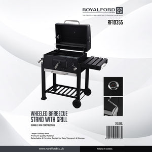 Royalford RF10355 Wheeled Barbecue Stand with Grill | Heavy-Duty Iron Charcoal BBQ Grill with Lid | Built-in Thermometer | Side Shelf | Large Cooking Area for Outdoor Use