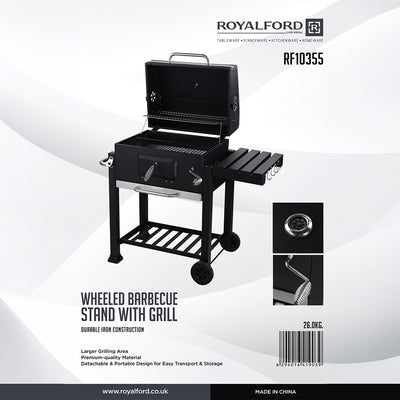 Royalford RF10355 Wheeled Barbecue Stand with Grill | Heavy-Duty Iron Charcoal BBQ Grill with Lid | Built-in Thermometer | Side Shelf | Large Cooking Area for Outdoor Use