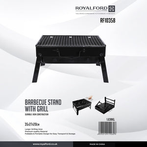Royalford Portable BBQ Stand RF10358 | Folding Iron Grill 35×27×20cm | Compact Carry-Case Design| Durable Heat-Resistant Build| Easy to Transport for Camping & Picnics
