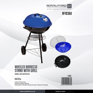 Royalford RF10360 Wheeled Barbecue Stand with Grill | Durable Iron Construction | Large  Grilling Area | Portable Detachable BBQ | Lid & Wheels for Easy Outdoor Cooking