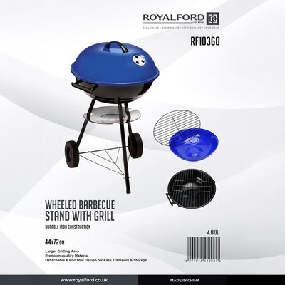 Royalford RF10360 Wheeled Barbecue Stand with Grill | Durable Iron Construction | Large  Grilling Area | Portable Detachable BBQ | Lid & Wheels for Easy Outdoor Cooking