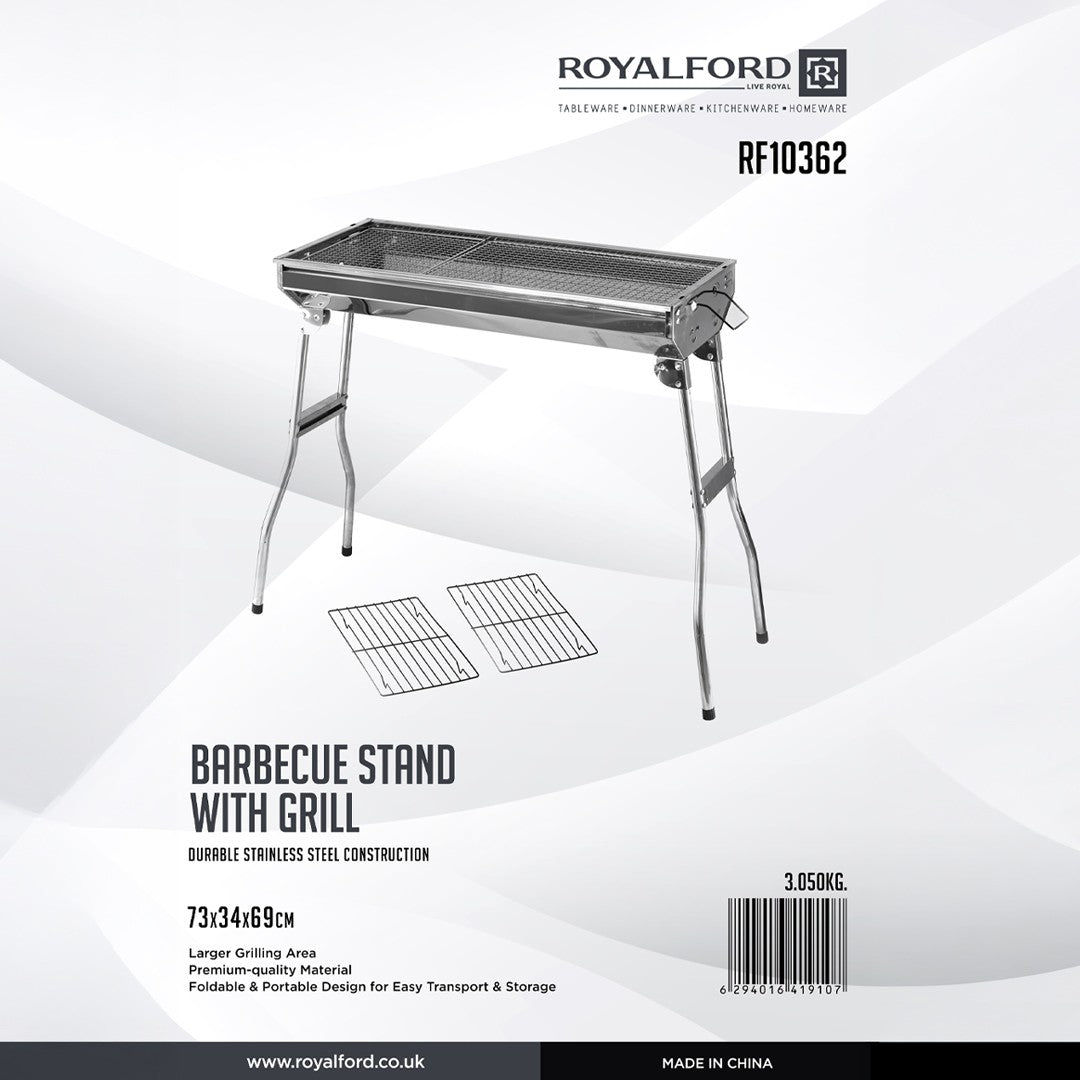 Royalford RF10362 Stainless Steel Barbecue Stand with Grill | Foldable & Portable Outdoor BBQ | Large Grill Area | Durable Stainless Steel Construction for Easy Cooking