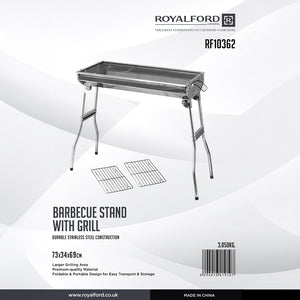 Royalford RF10362 Stainless Steel Barbecue Stand with Grill | Foldable & Portable Outdoor BBQ | Large Grill Area | Durable Stainless Steel Construction for Easy Cooking