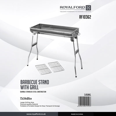 Royalford RF10362 Stainless Steel Barbecue Stand with Grill | Foldable & Portable Outdoor BBQ | Large Grill Area | Durable Stainless Steel Construction for Easy Cooking