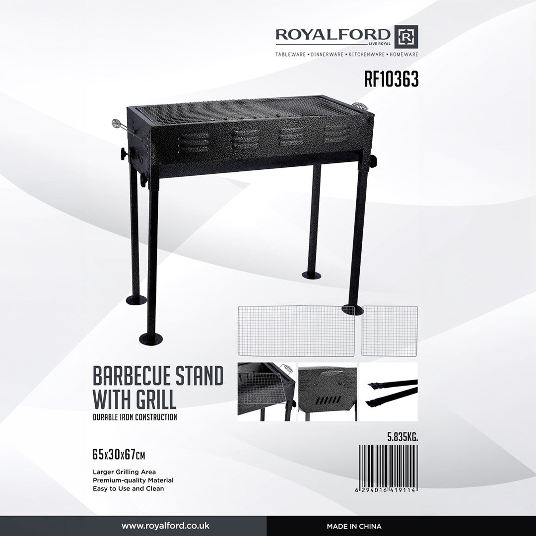 Royalford RF10363 Durable Iron Barbecue Stand with Grill | 65cm Portable Outdoor BBQ| Large Grilling Area| Easy Clean| For Backyard Picnic & Camping| Heat Resistant Metal