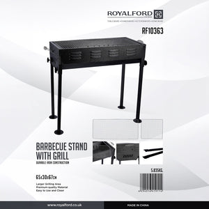 Royalford RF10363 Durable Iron Barbecue Stand with Grill | 65cm Portable Outdoor BBQ| Large Grilling Area| Easy Clean| For Backyard Picnic & Camping| Heat Resistant Metal