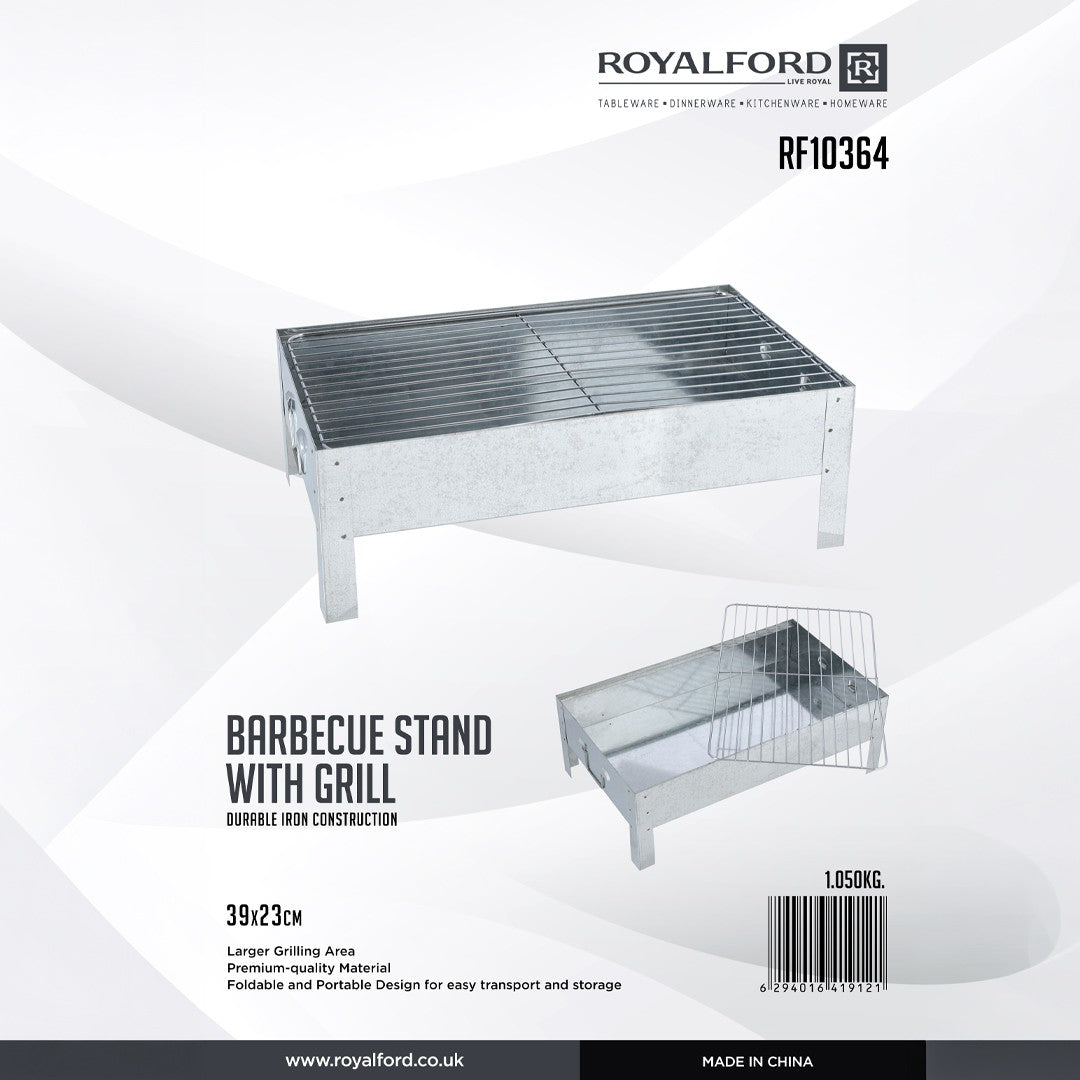 Royalford RF10364 Barbecue Stand with Grill 39x23cm | Foldable Portable Iron BBQ Grill | Large Cooking Area| Durable Construction for Outdoor Camping, Picnic & Garden Use