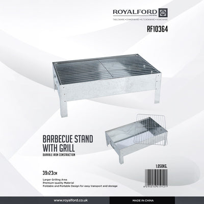 Royalford RF10364 Barbecue Stand with Grill 39x23cm | Foldable Portable Iron BBQ Grill | Large Cooking Area| Durable Construction for Outdoor Camping, Picnic & Garden Use