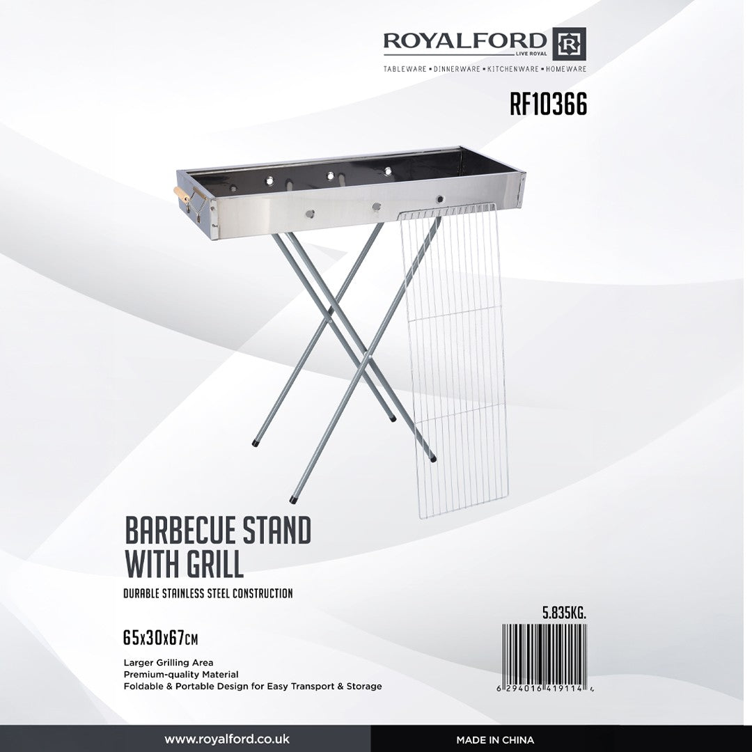 Royalford RF10366 Foldable Stainless Steel BBQ Stand with Grill| Portable Charcoal Barbecue |Large Cooking Surface| Heat-Resistant & Easy to Carry for Camping, Picnic etc