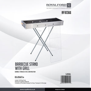 Royalford RF10366 Foldable Stainless Steel BBQ Stand with Grill| Portable Charcoal Barbecue |Large Cooking Surface| Heat-Resistant & Easy to Carry for Camping, Picnic etc