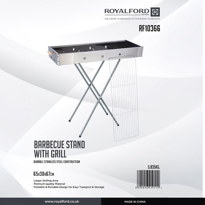 Royalford RF10366 Foldable Stainless Steel BBQ Stand with Grill| Portable Charcoal Barbecue |Large Cooking Surface| Heat-Resistant & Easy to Carry for Camping, Picnic etc