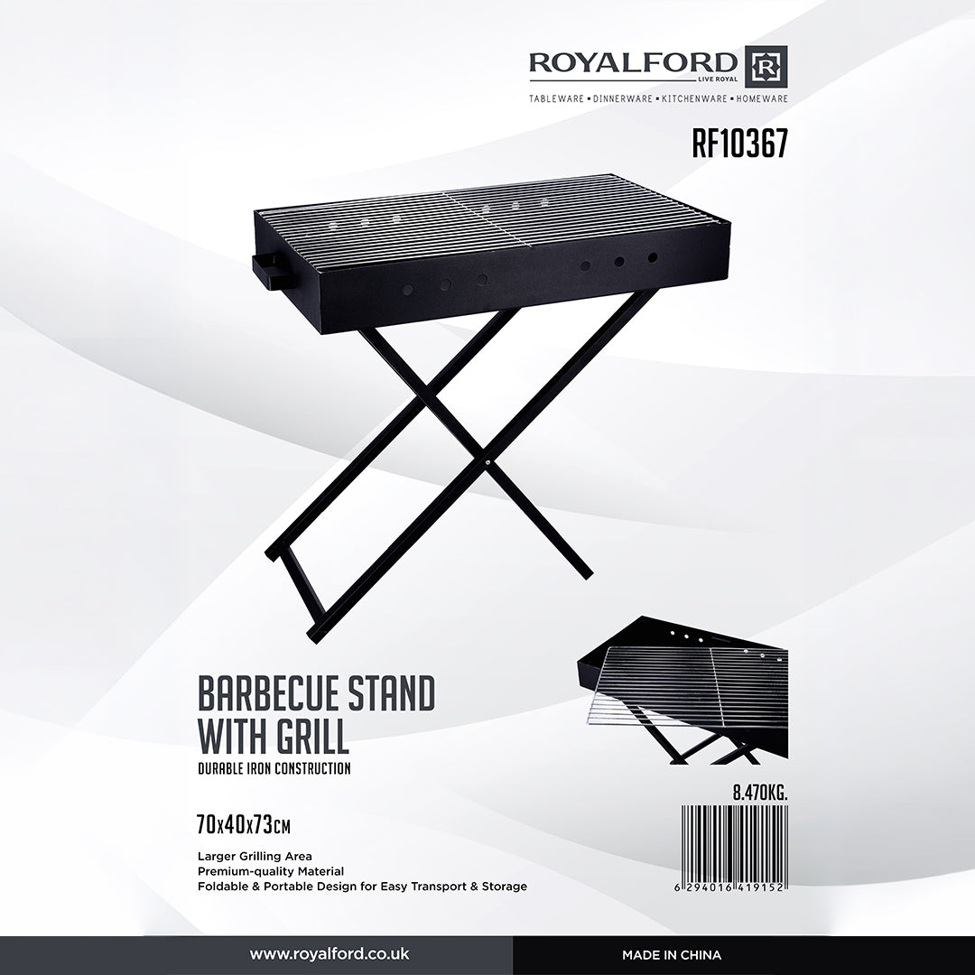 Royalford RF10367 Barbecue Stand with Grill | Foldable & Portable Iron BBQ Grill Stand for Outdoor Camping, Picnic, Garden Cooking with Iron Build Large Grilling Area