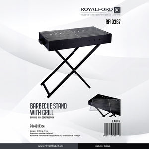 Royalford RF10367 Barbecue Stand with Grill | Foldable & Portable Iron BBQ Grill Stand for Outdoor Camping, Picnic, Garden Cooking with Iron Build Large Grilling Area