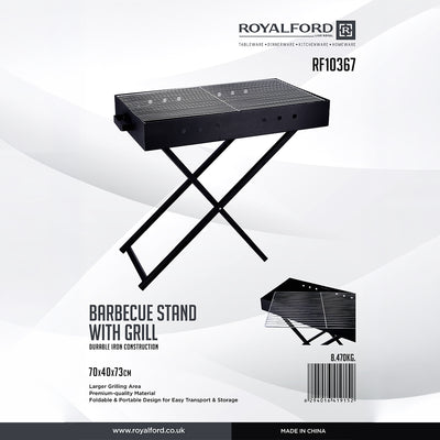 Royalford RF10367 Barbecue Stand with Grill | Foldable & Portable Iron BBQ Grill Stand for Outdoor Camping, Picnic, Garden Cooking with Iron Build Large Grilling Area