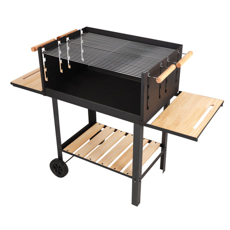 Royalford RF10369 Barbecue Stand with Grill | Durable Iron Charcoal BBQ Grill with Large Cooking Area | Side Wooden Shelves | Wheels & Easy Outdoor Grilling Design