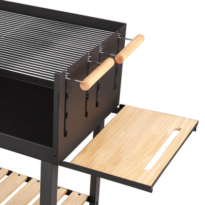 Royalford RF10369 Barbecue Stand with Grill | Durable Iron Charcoal BBQ Grill with Large Cooking Area | Side Wooden Shelves | Wheels & Easy Outdoor Grilling Design