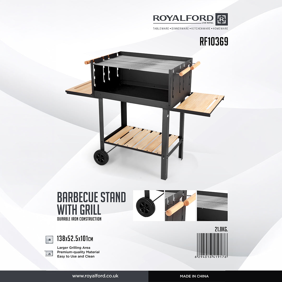 Royalford RF10369 Barbecue Stand with Grill | Durable Iron Charcoal BBQ Grill with Large Cooking Area | Side Wooden Shelves | Wheels & Easy Outdoor Grilling Design