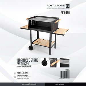 Royalford RF10369 Barbecue Stand with Grill | Durable Iron Charcoal BBQ Grill with Large Cooking Area | Side Wooden Shelves | Wheels & Easy Outdoor Grilling Design