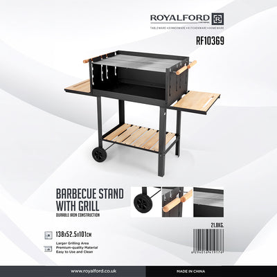 Royalford RF10369 Barbecue Stand with Grill | Durable Iron Charcoal BBQ Grill with Large Cooking Area | Side Wooden Shelves | Wheels & Easy Outdoor Grilling Design