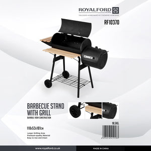 Royalford RF10370 Barbecue Stand with Grill | Durable Iron Construction for Long-Lasting Performance | Large Cooking Area| Wooden Side Tables| Storage Rack & Wheels