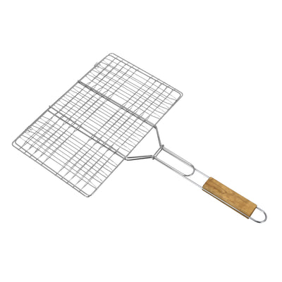 Royalford RF10371 BBQ Grill | Chromium Plated Iron Grill Net with Wooden Handle | Portable Barbecue Rack for Fish, Meat &  Vegetables | Outdoor Camping BBQ Cooking Tool