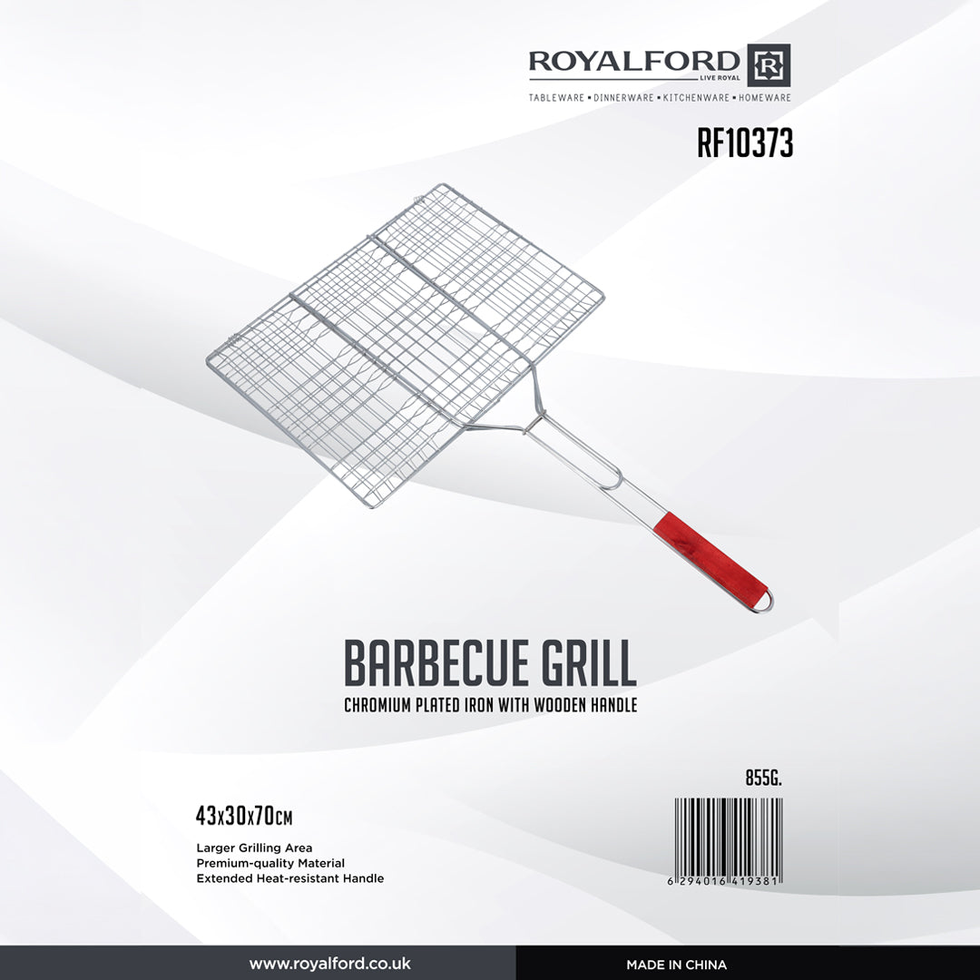 Royalford RF10373 Chrome Plated Iron BBQ Grill  with Wooden Handle | Heavy Duty Barbecue Grilling Basket for Chicken, Fish, Meat, Vegetables & Outdoor Camping Use
