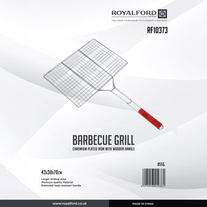 Royalford RF10373 Chrome Plated Iron BBQ Grill  with Wooden Handle | Heavy Duty Barbecue Grilling Basket for Chicken, Fish, Meat, Vegetables & Outdoor Camping Use