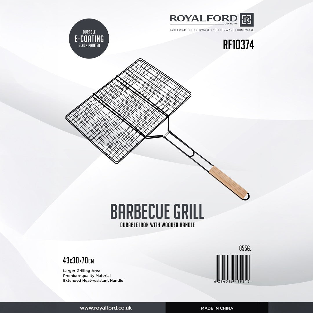 Royalford RF10374 Barbecue Grill Rack  | Heavy Duty E-Coated Iron BBQ Grilling Basket | Heat Resistant Wooden Handle for Chicken, Fish, Meat & Vegetables Outdoor Use