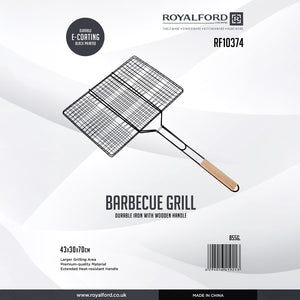 Royalford RF10374 Barbecue Grill Rack  | Heavy Duty E-Coated Iron BBQ Grilling Basket | Heat Resistant Wooden Handle for Chicken, Fish, Meat & Vegetables Outdoor Use