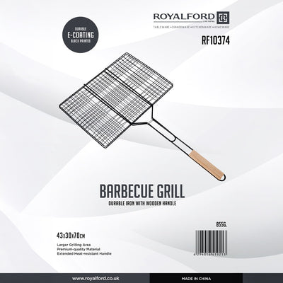 Royalford RF10374 Barbecue Grill Rack  | Heavy Duty E-Coated Iron BBQ Grilling Basket | Heat Resistant Wooden Handle for Chicken, Fish, Meat & Vegetables Outdoor Use