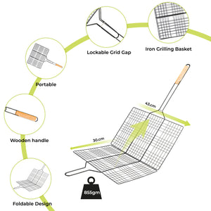 Royalford RF10374 Barbecue Grill Rack  | Heavy Duty E-Coated Iron BBQ Grilling Basket | Heat Resistant Wooden Handle for Chicken, Fish, Meat & Vegetables Outdoor Use